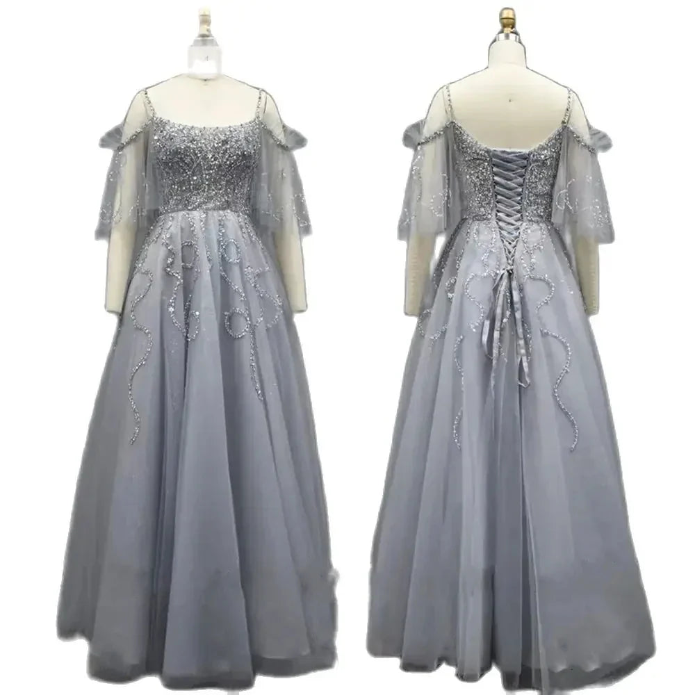 Robe de soirée de luxe style arabe gris, coupe trapèze, à lacets et perles, pour femme, tenue de mariage, modèle Dubaï, 2025, LA72256 