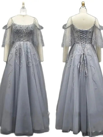 Vestidos de noche de lujo de Dubái, corte A, color gris árabe, 2025, con cuentas y cordones, para mujer, ideales para bodas y fiestas (LA72256) 