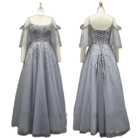 Vestidos de noche de lujo de Dubái, corte A, color gris árabe, 2025, con cuentas y cordones, para mujer, ideales para bodas y fiestas (LA72256) 