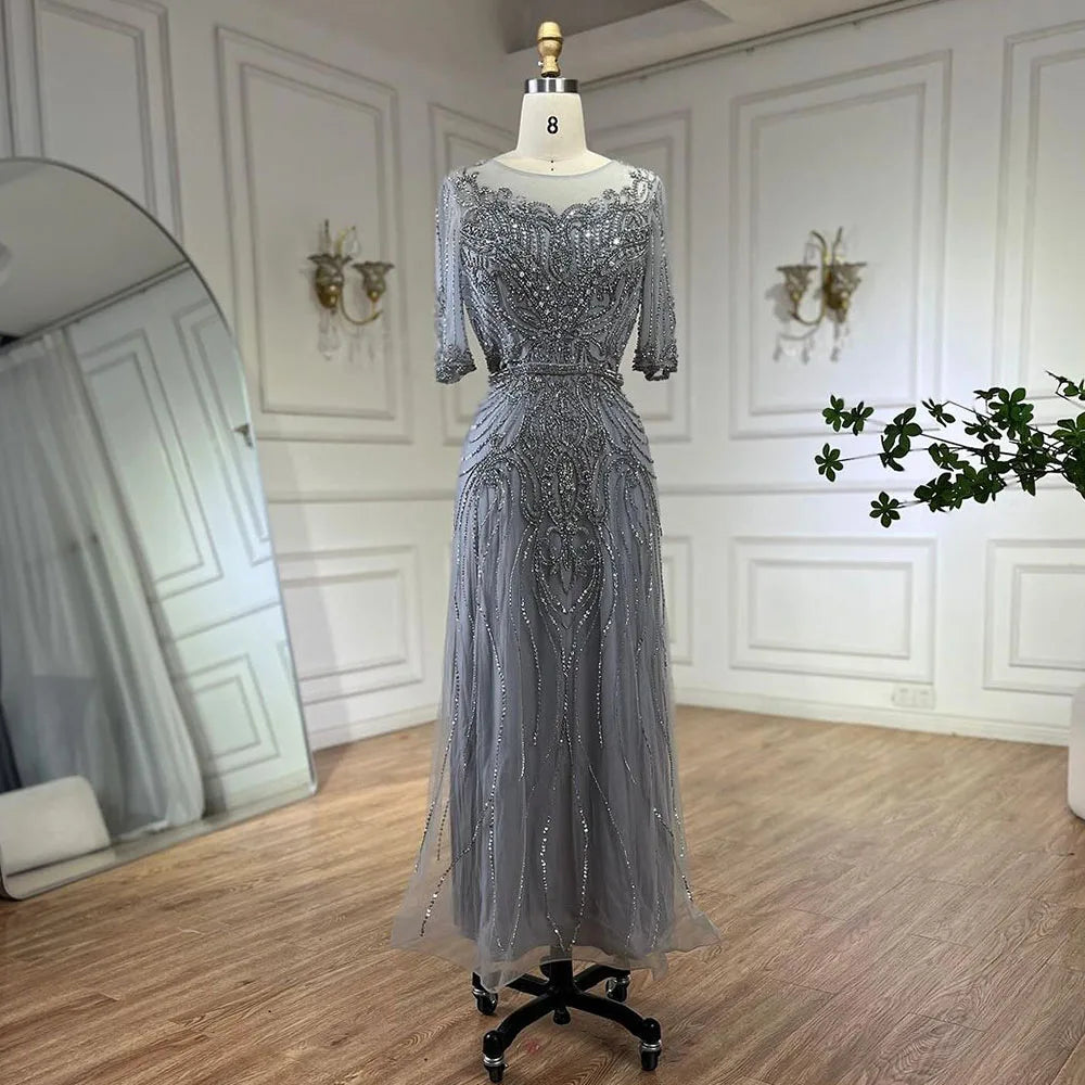 Robe de soirée élégante de style sirène, grise, longueur thé, avec perles, luxueuse, pour femme, tenue de mariage, 2025, LA72559 