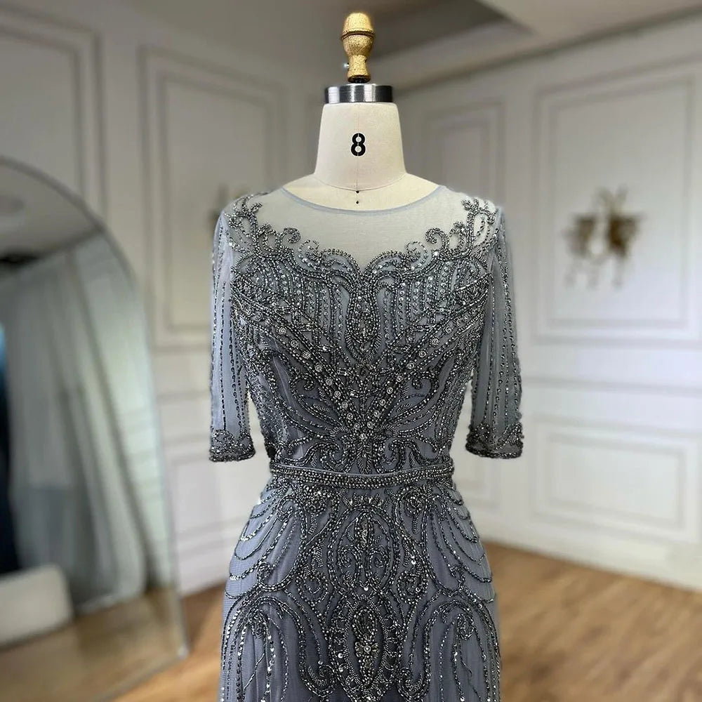 Arabic Gray Elegant Tea Length Mermaid Beaded Luxury Evening Dresses Gowns for Women Wedding Party 2025 LA72559