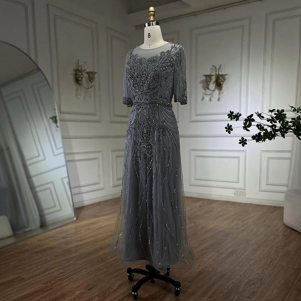 Robe de soirée élégante de style sirène, grise, longueur thé, avec perles, luxueuse, pour femme, tenue de mariage, 2025, LA72559 