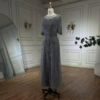 Robe de soirée élégante de style sirène, grise, longueur thé, avec perles, luxueuse, pour femme, tenue de mariage, 2025, LA72559 