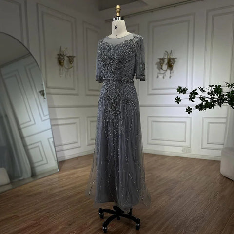 Vestidos de noche de lujo, elegantes, color gris árabe, hasta la rodilla, estilo sirena, con cuentas, para mujer, ideales para bodas y fiestas (2025) LA72559 