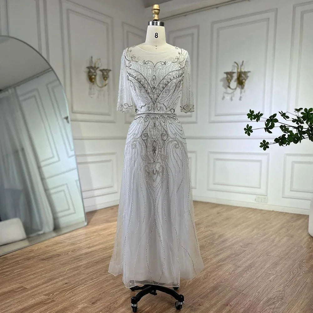 Robe de soirée élégante de style sirène, grise, longueur thé, avec perles, luxueuse, pour femme, tenue de mariage, 2025, LA72559 