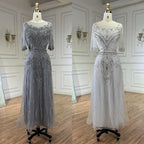 Robe de soirée élégante de style sirène, grise, longueur thé, avec perles, luxueuse, pour femme, tenue de mariage, 2025, LA72559 