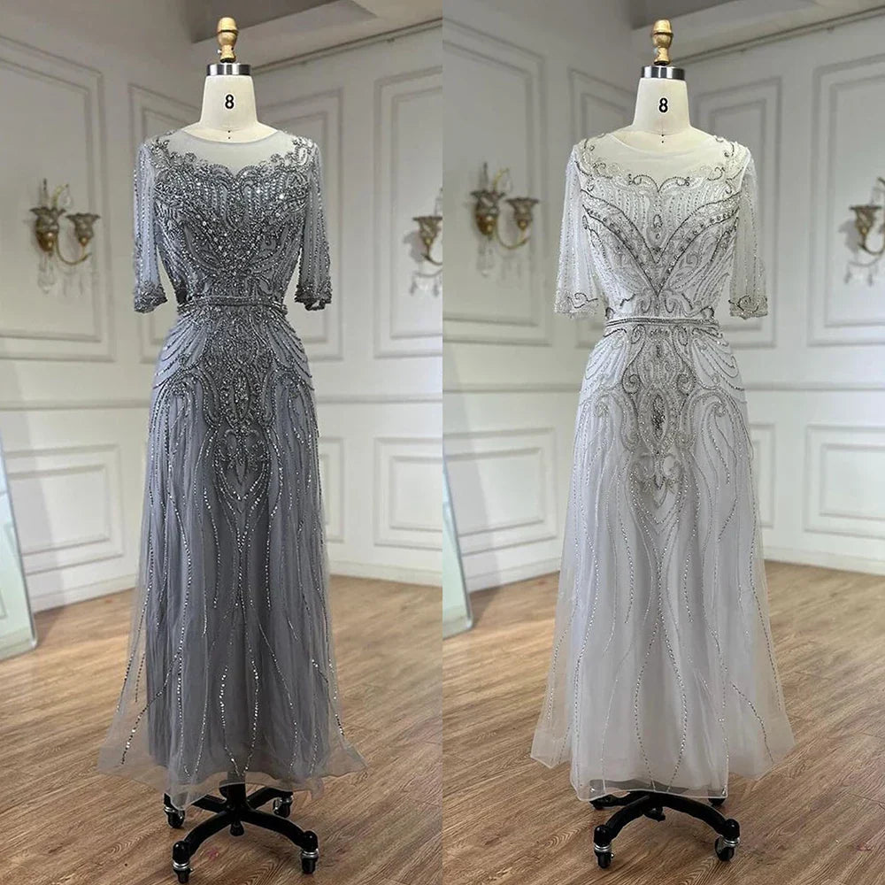 Arabic Gray Elegant Tea Length Mermaid Beaded Luxury Evening Dresses Gowns for Women Wedding Party 2025 LA72559