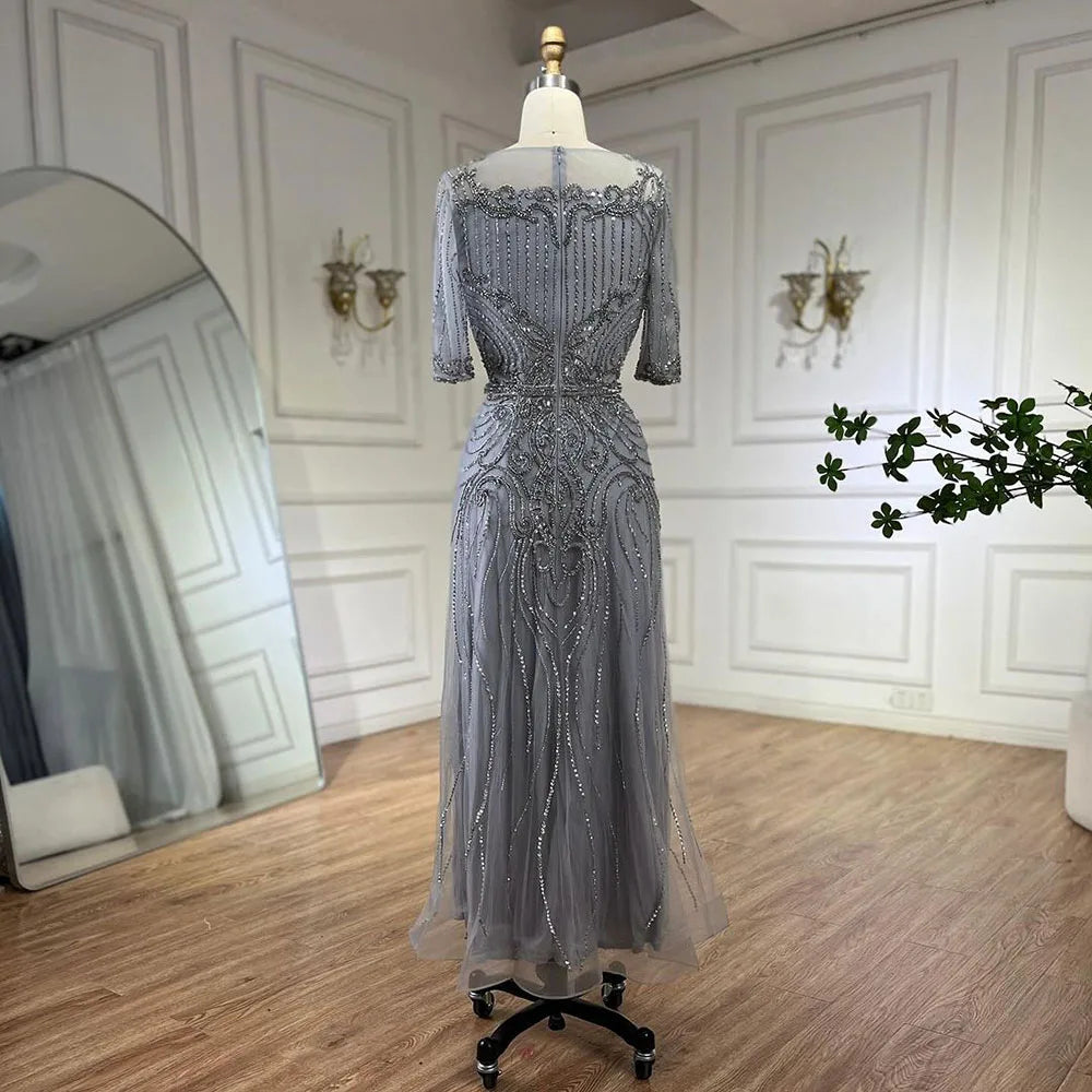 Robe de soirée élégante de style sirène, grise, longueur thé, avec perles, luxueuse, pour femme, tenue de mariage, 2025, LA72559 