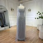 Robe de soirée longue style sirène grise, luxueuse et élégante, avec manches cape et perles, style Dubaï, pour femme - Party 2025 LA72592 