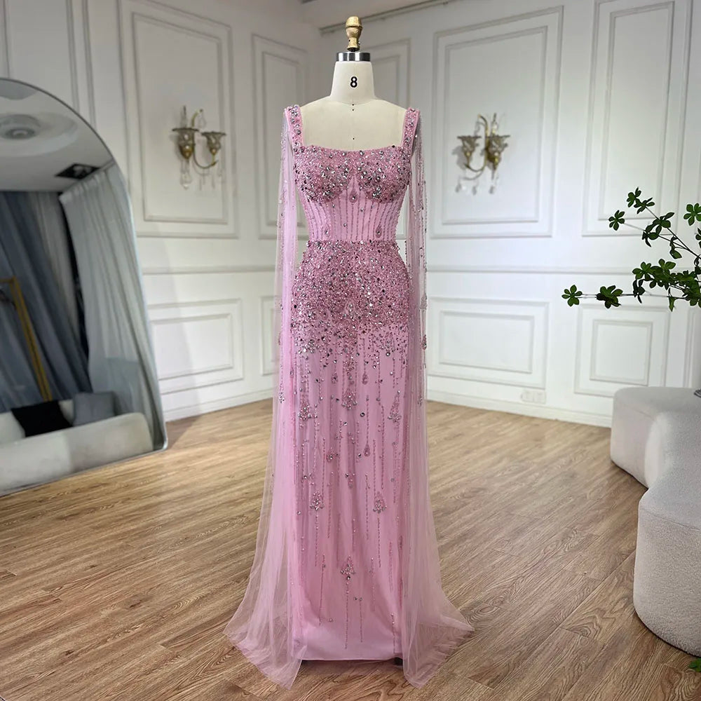 Arabic Gray Mermaid Beaded Luxury Dubai Long Evening Gown with Cape Sleeves Elegant for Women - Party 2025 LA72592