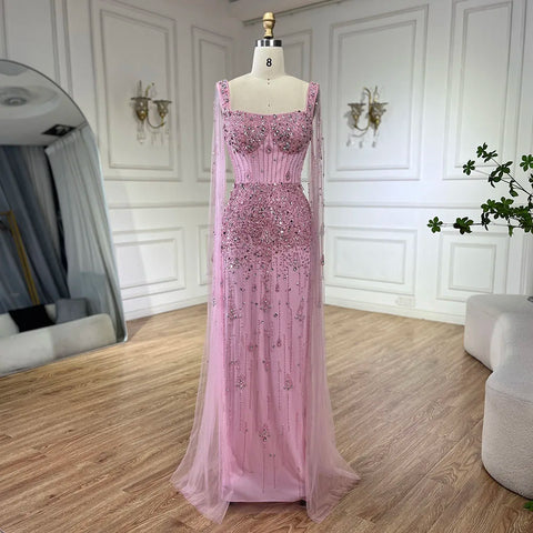 Vestido largo de noche elegante de lujo estilo sirena, color gris árabe, con cuentas, mangas tipo capa, ideal para fiestas 2025 LA72592 