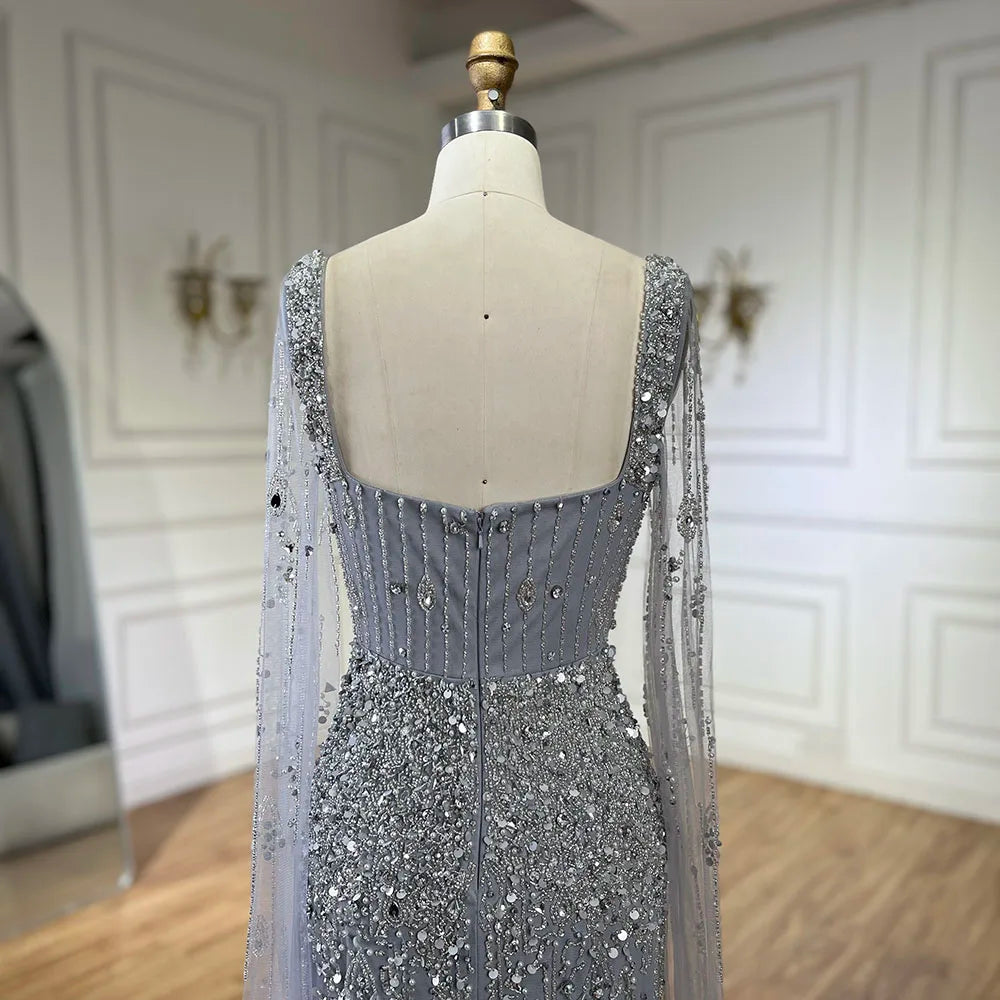 Robe de soirée longue style sirène grise, luxueuse et élégante, avec manches cape et perles, style Dubaï, pour femme - Party 2025 LA72592 