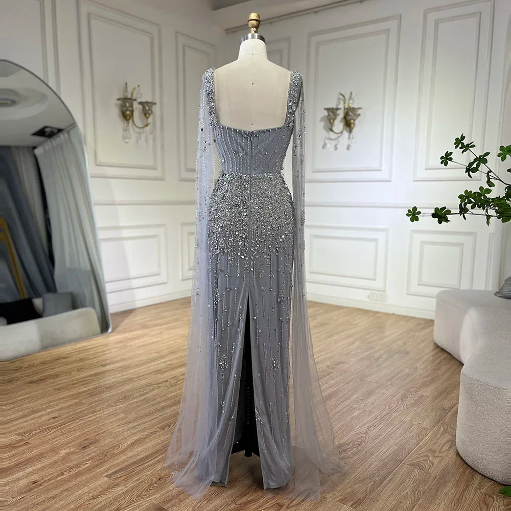 Robe de soirée longue style sirène grise, luxueuse et élégante, avec manches cape et perles, style Dubaï, pour femme - Party 2025 LA72592 