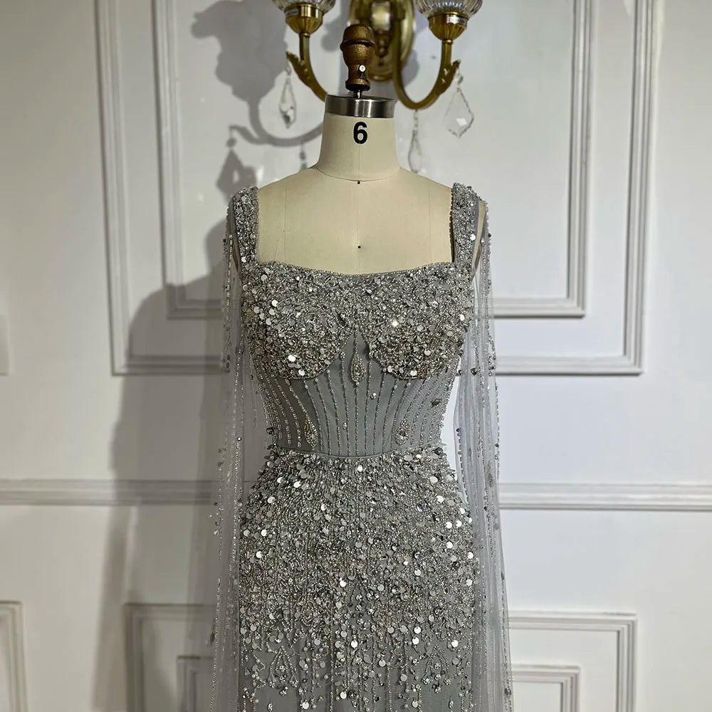 Robe de soirée longue style sirène grise, luxueuse et élégante, avec manches cape et perles, style Dubaï, pour femme - Party 2025 LA72592 
