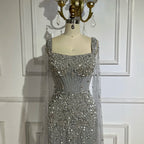 Robe de soirée longue style sirène grise, luxueuse et élégante, avec manches cape et perles, style Dubaï, pour femme - Party 2025 LA72592 
