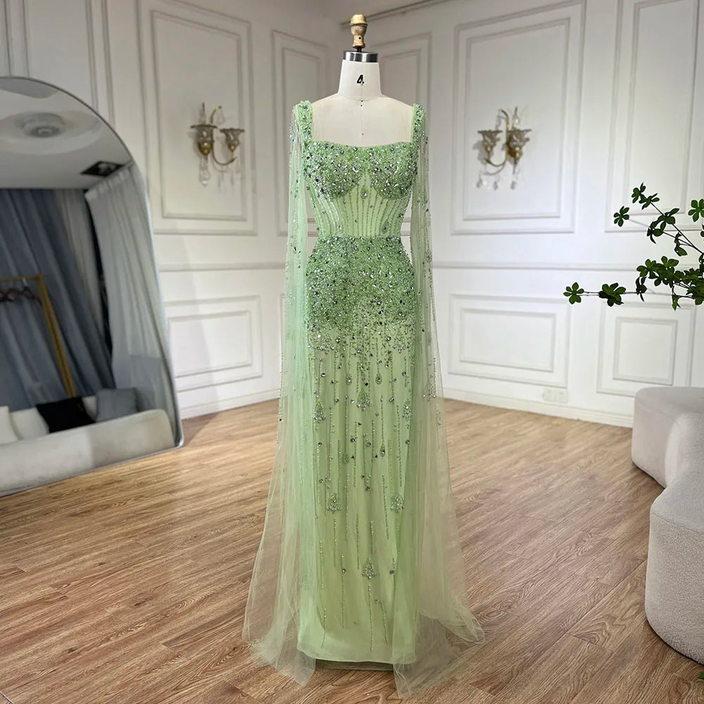 Robe de soirée longue style sirène grise, luxueuse et élégante, avec manches cape et perles, style Dubaï, pour femme - Party 2025 LA72592 