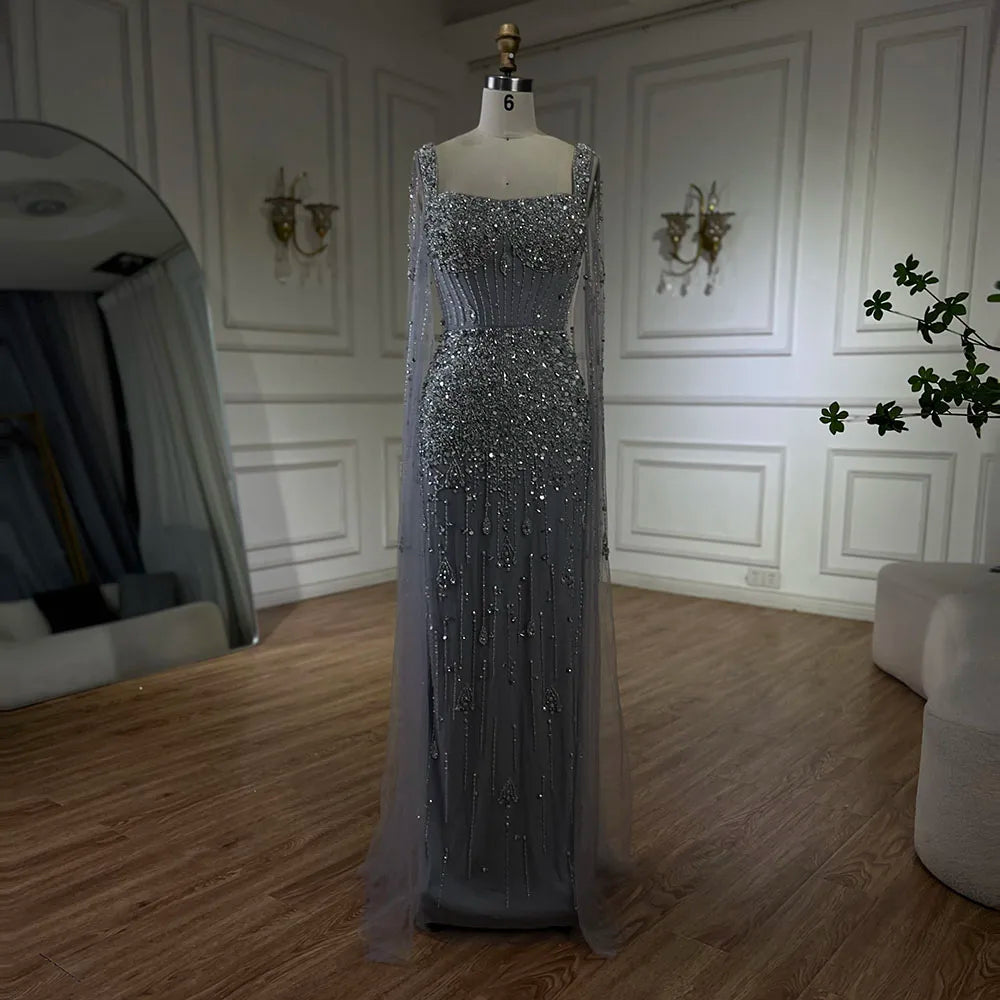 Robe de soirée longue style sirène grise, luxueuse et élégante, avec manches cape et perles, style Dubaï, pour femme - Party 2025 LA72592 