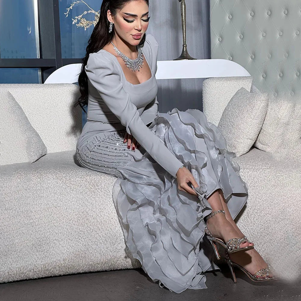 Robe de soirée élégante style sirène grise, longueur cheville, en satin perlé, luxueuse, pour femme, modèle 2025, LA72317 