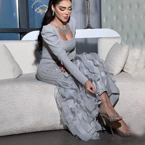 Robe de soirée élégante style sirène grise, longueur cheville, en satin perlé, luxueuse, pour femme, modèle 2025, LA72317 