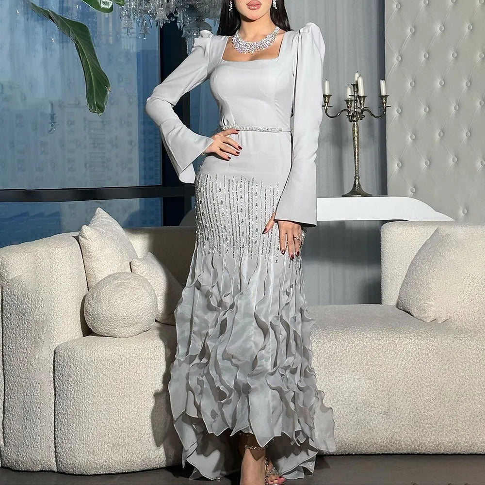 Robe de soirée élégante style sirène grise, longueur cheville, en satin perlé, luxueuse, pour femme, modèle 2025, LA72317 