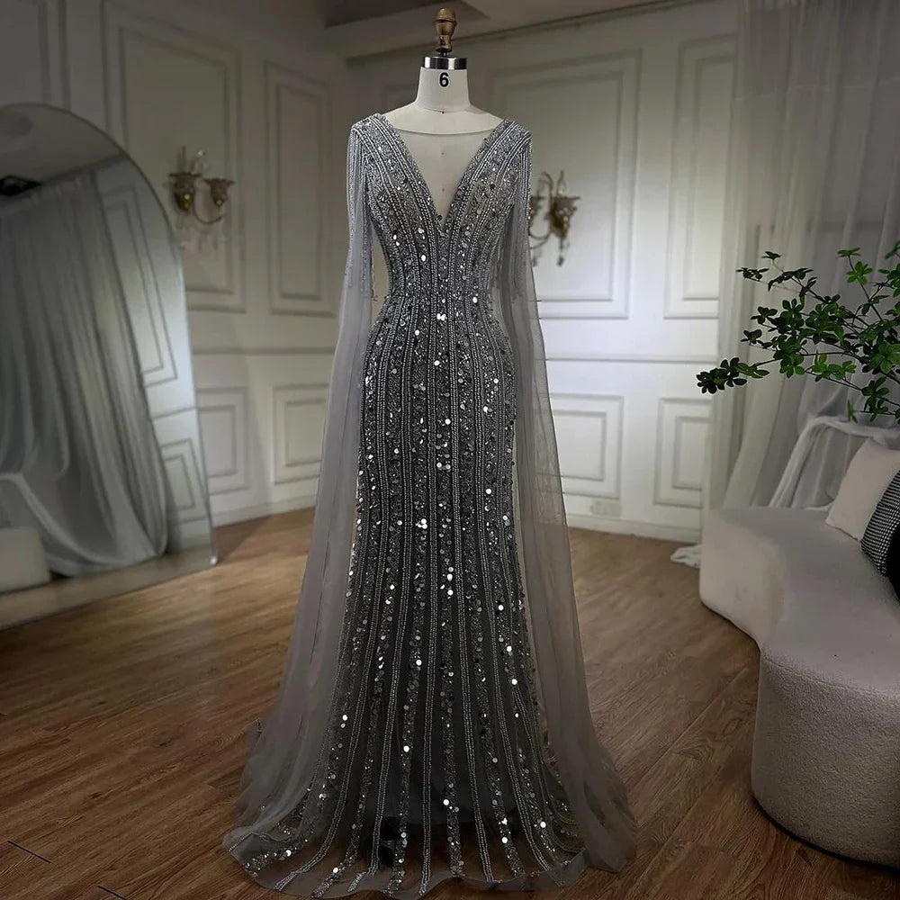 Robe de soirée sirène élégante grise style arabe, manches cape, luxueuse, ornée de perles, pour femme, tenue de mariage, 2025, LA72289 