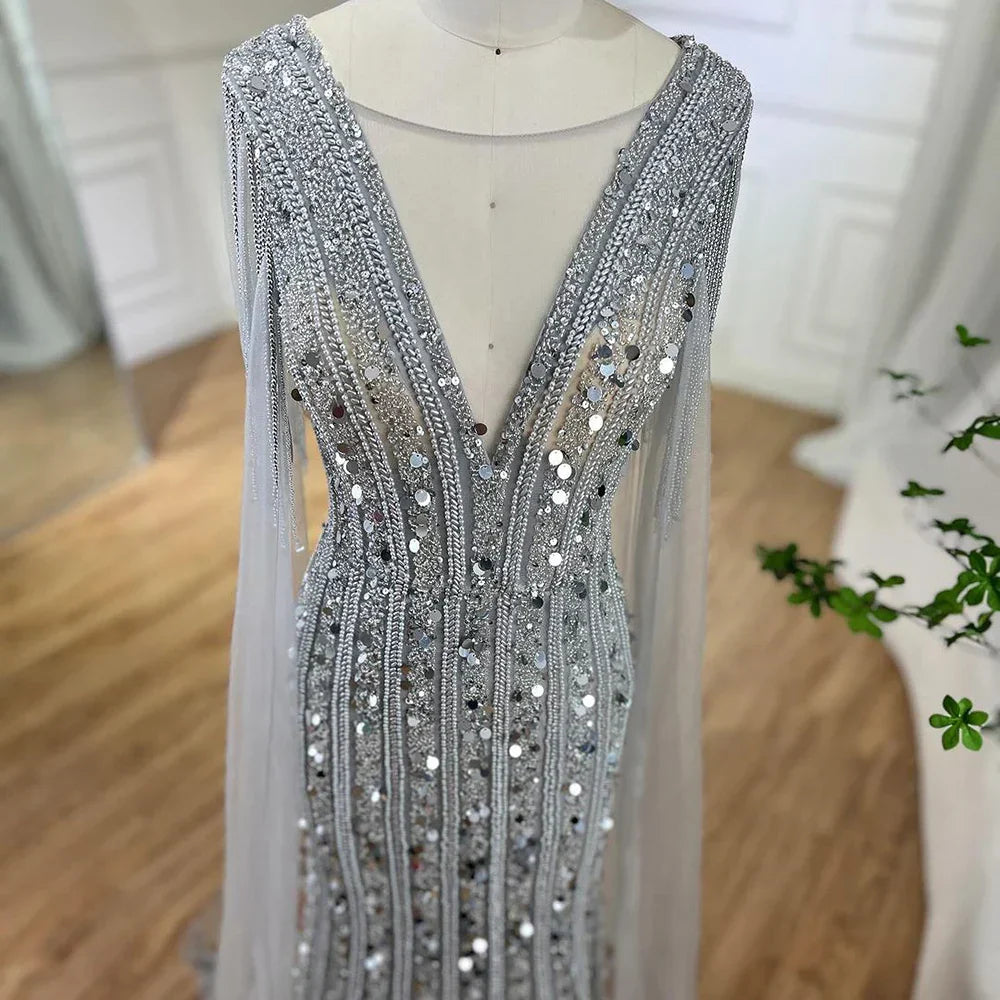 Robe de soirée sirène élégante grise style arabe, manches cape, luxueuse, ornée de perles, pour femme, tenue de mariage, 2025, LA72289 