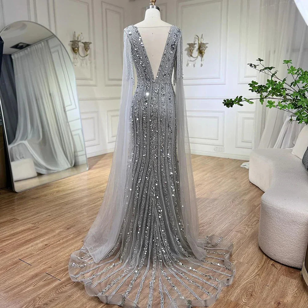 Robe de soirée sirène élégante grise style arabe, manches cape, luxueuse, ornée de perles, pour femme, tenue de mariage, 2025, LA72289 