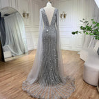 Robe de soirée sirène élégante grise style arabe, manches cape, luxueuse, ornée de perles, pour femme, tenue de mariage, 2025, LA72289 