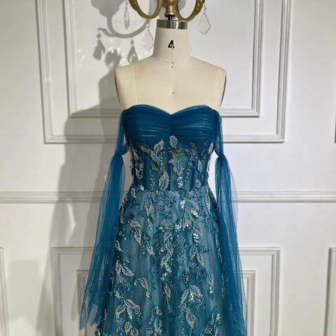 Robe de soirée longue bustier élégante en dentelle verte style arabe, coupe trapèze, avec perles, pour femme, élégante tenue de soirée, 2025, LA72520 