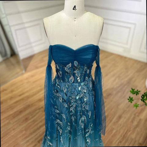 Robe de soirée longue bustier élégante en dentelle verte style arabe, coupe trapèze, avec perles, pour femme, élégante tenue de soirée, 2025, LA72520 