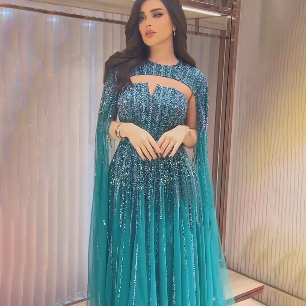 Robe de soirée longue verte style arabe, manches cape, ligne A, perles, robes de célébrités, pour femme, fête de mariage, LA71912, 2025 