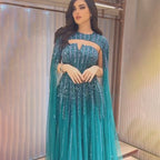 Robe de soirée longue verte style arabe, manches cape, ligne A, perles, robes de célébrités, pour femme, fête de mariage, LA71912, 2025 