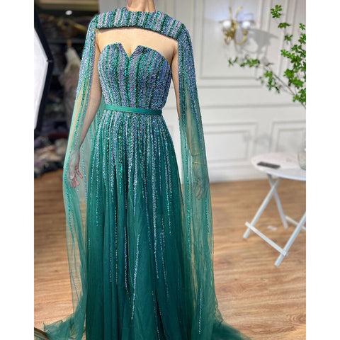 Vestidos de noche largos de corte A con mangas tipo capa verde árabe y cuentas, estilo celebridad, colección 2025, para mujer, ideales para bodas y fiestas (LA71912) 