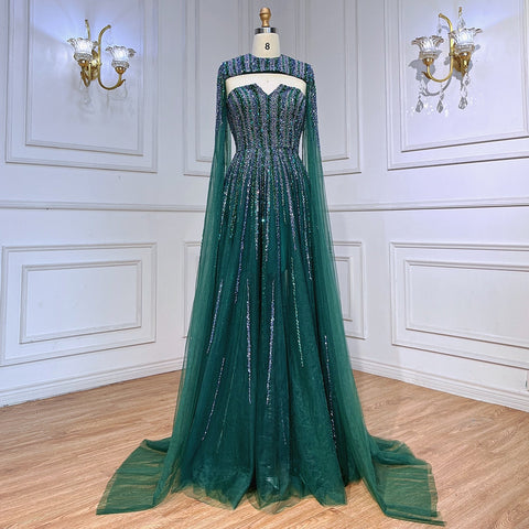 Vestidos de noche largos de corte A con mangas tipo capa verde árabe y cuentas, estilo celebridad, colección 2025, para mujer, ideales para bodas y fiestas (LA71912) 