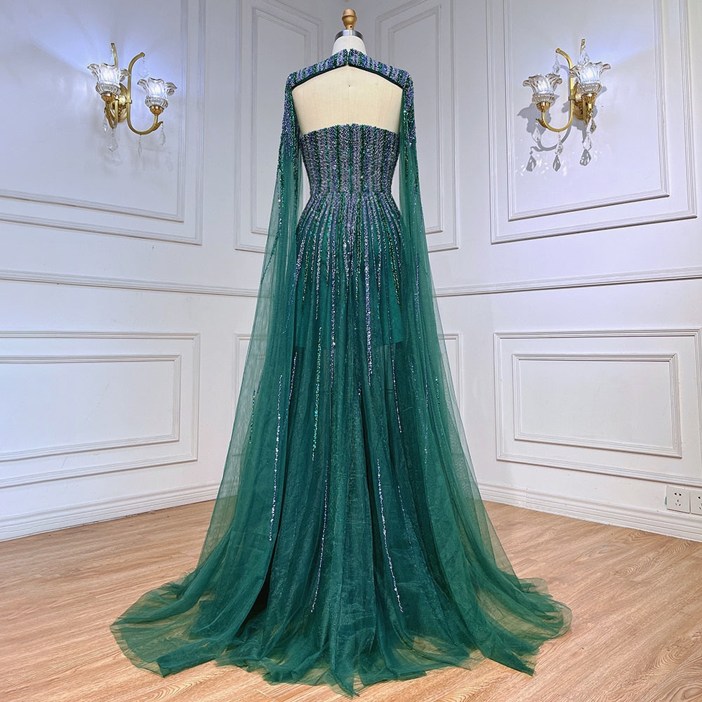 Robe de soirée longue verte style arabe, manches cape, ligne A, perles, robes de célébrités, pour femme, fête de mariage, LA71912, 2025 