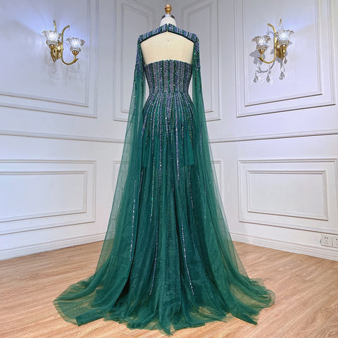 Vestidos de noche largos de corte A con mangas tipo capa verde árabe y cuentas, estilo celebridad, colección 2025, para mujer, ideales para bodas y fiestas (LA71912) 