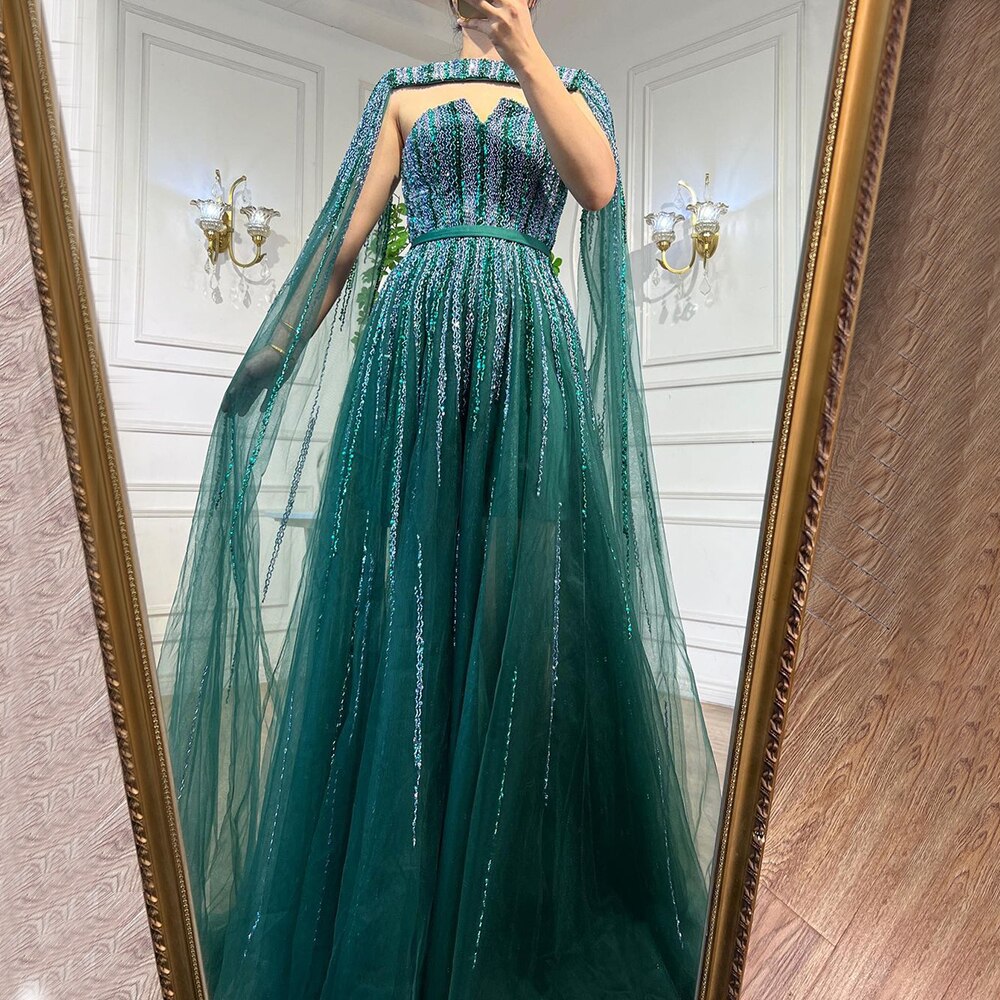 Robe de soirée longue verte style arabe, manches cape, ligne A, perles, robes de célébrités, pour femme, fête de mariage, LA71912, 2025 
