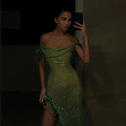 Vestido de noche árabe verde con borlas de cristal, estilo saudí, con abertura alta, ideal para fiestas de bodas y eventos especiales (2025) LA72490 