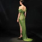 Vestido de noche árabe verde con borlas de cristal, estilo saudí, con abertura alta, ideal para fiestas de bodas y eventos especiales (2025) LA72490 