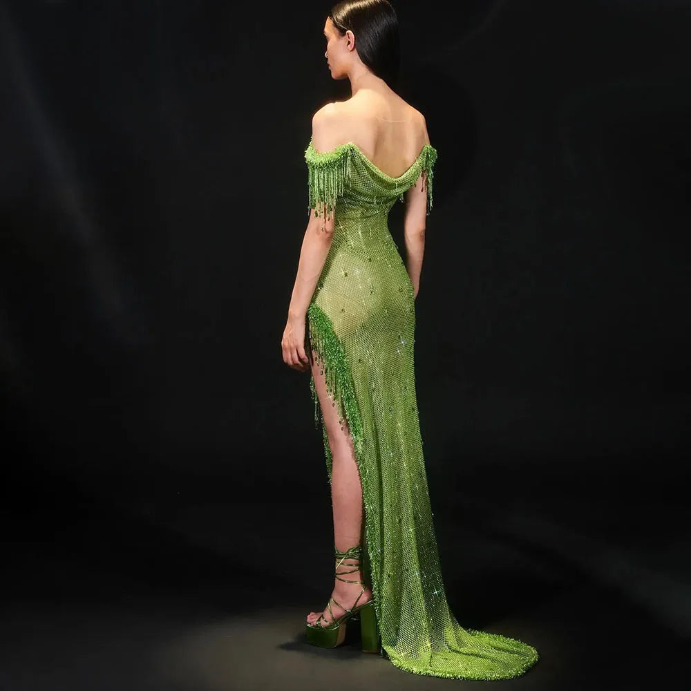 Arabic Green Crystal Tassel Saudi Evening Dresses Gowns High Split Prom Dress for Women Wedding Party 2025 LA72490