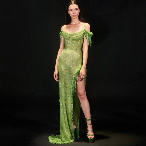 Vestido de noche árabe verde con borlas de cristal, estilo saudí, con abertura alta, ideal para fiestas de bodas y eventos especiales (2025) LA72490 