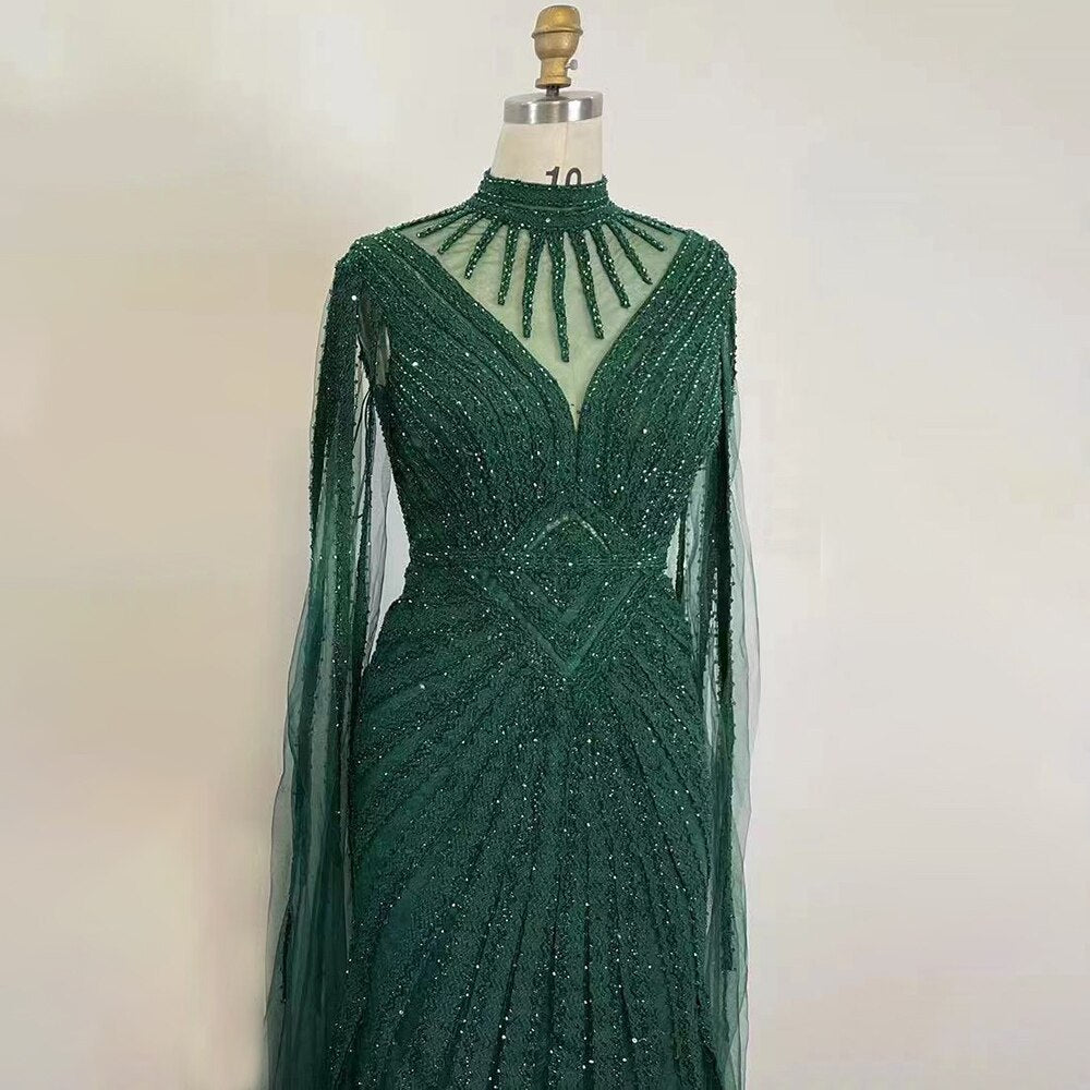 Arabic Green Elegant Cape Sleeves Mermaid Lace Beaded Evening Dresses Gowns 2025 For Women Wedding Party LA71929