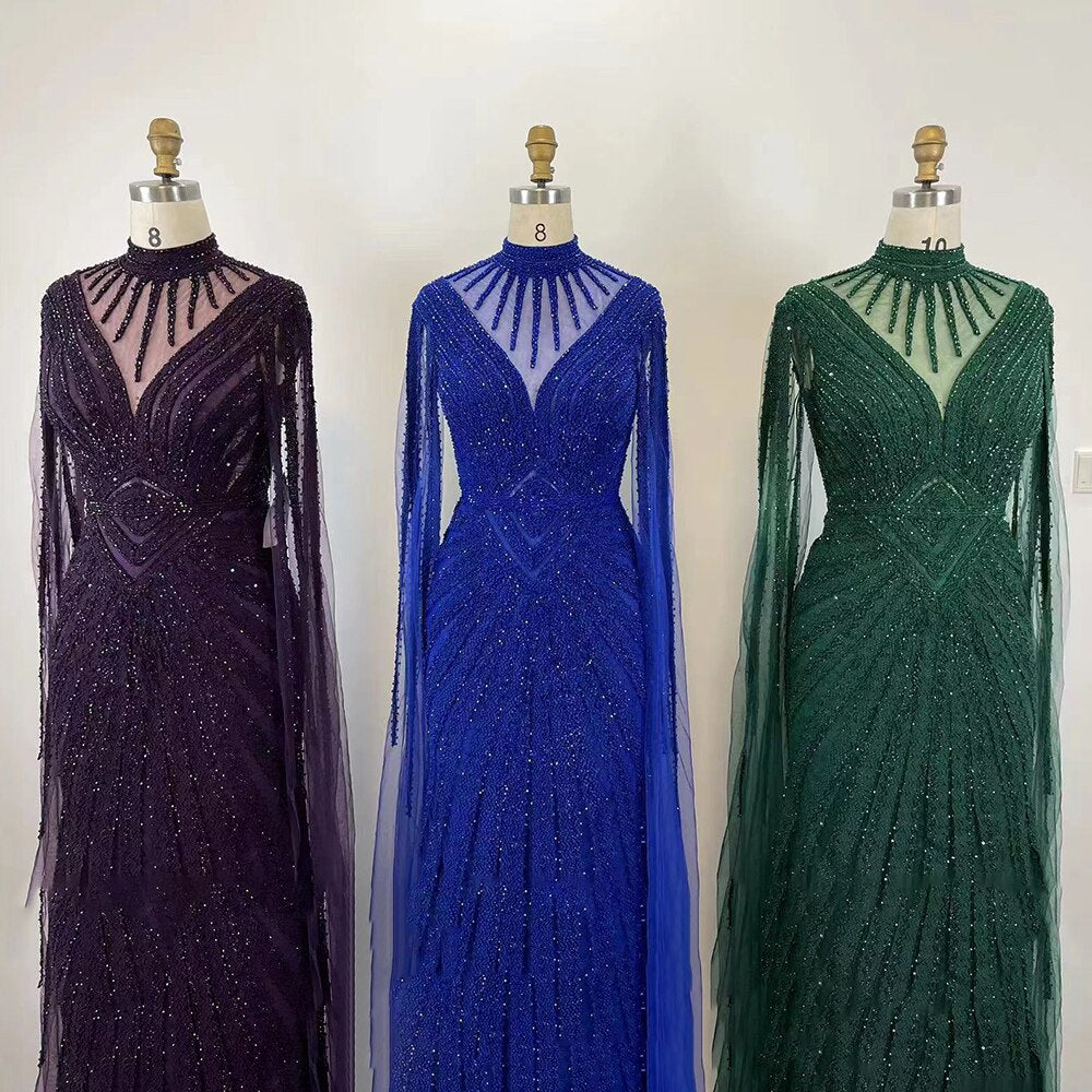 Robe de soirée élégante verte style sirène, manches cape, dentelle et perles, style arabe, pour femmes, mariage, LA71929, 2025 
