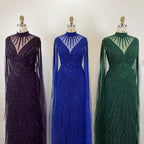 Robe de soirée élégante verte style sirène, manches cape, dentelle et perles, style arabe, pour femmes, mariage, LA71929, 2025 