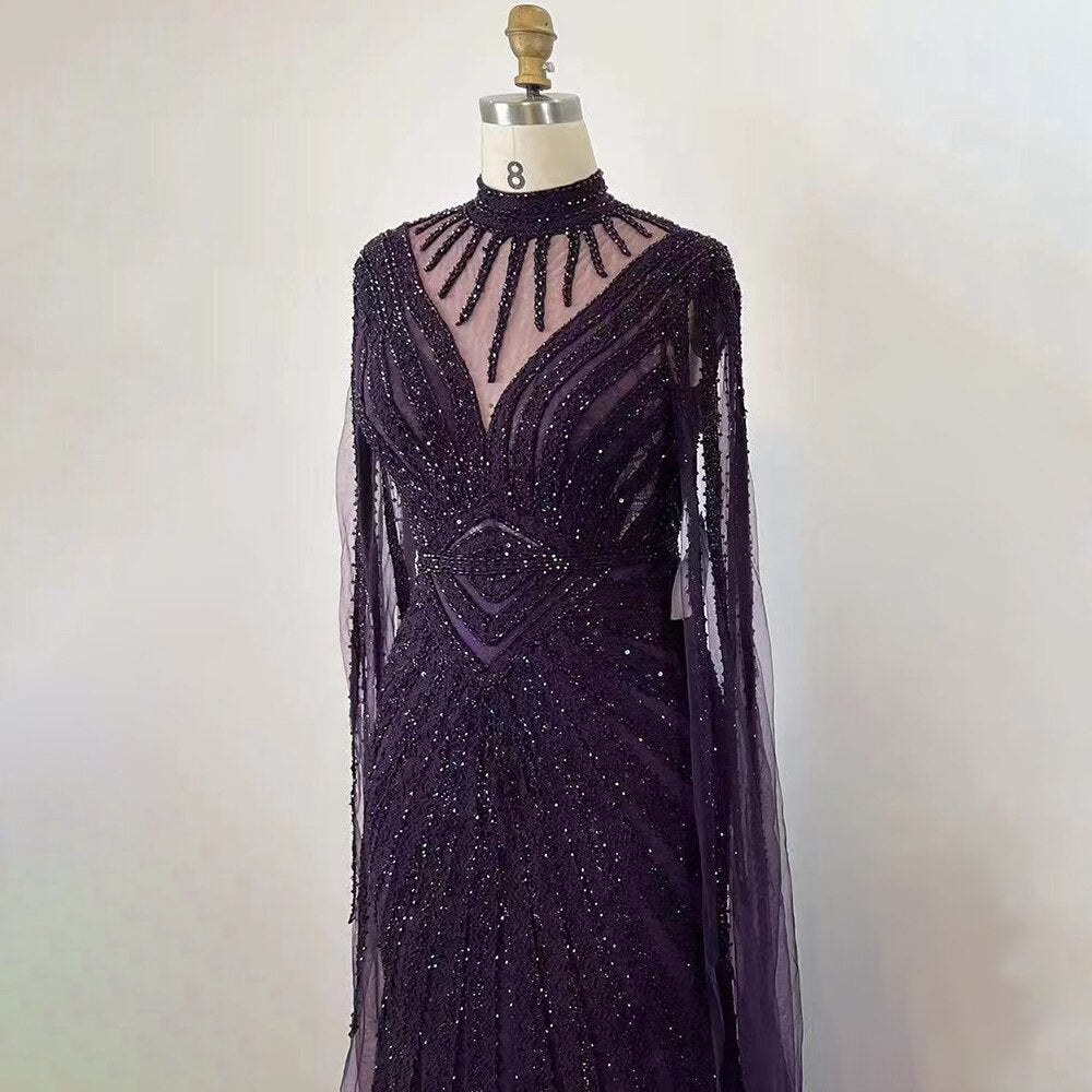 Robe de soirée élégante verte style sirène, manches cape, dentelle et perles, style arabe, pour femmes, mariage, LA71929, 2025 