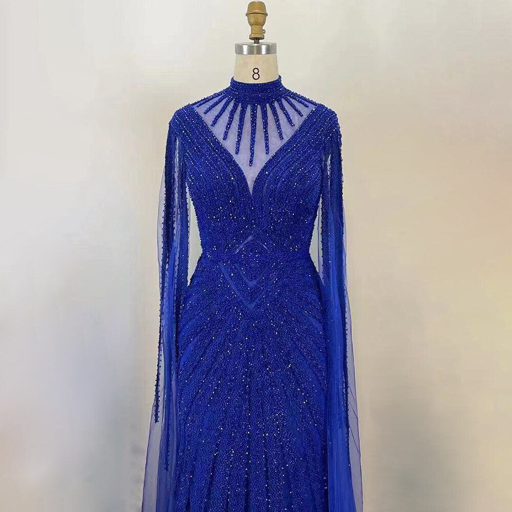 Robe de soirée élégante verte style sirène, manches cape, dentelle et perles, style arabe, pour femmes, mariage, LA71929, 2025 