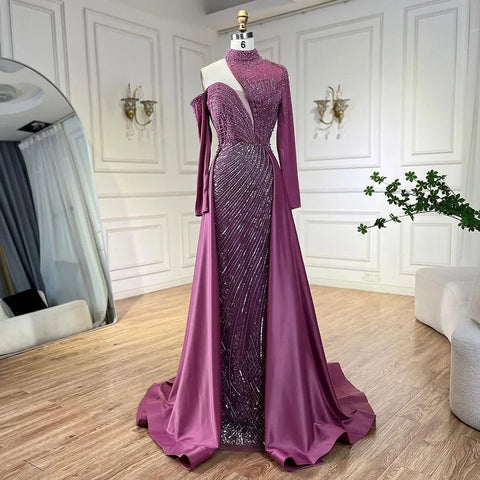 Vestidos de noche de lujo de Dubai, elegantes, de sirena, con un solo hombro y cuentas, color verde árabe, para mujer, ideales para bodas y fiestas (LA72550) 