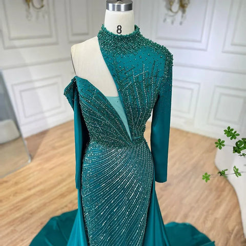 Vestidos de noche de lujo de Dubai, elegantes, de sirena, con un solo hombro y cuentas, color verde árabe, para mujer, ideales para bodas y fiestas (LA72550) 
