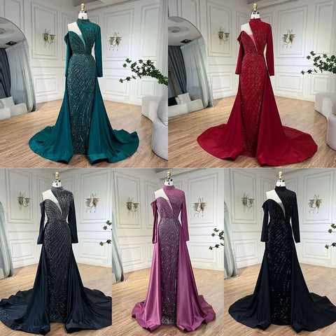 Vestidos de noche de lujo de Dubai, elegantes, de sirena, con un solo hombro y cuentas, color verde árabe, para mujer, ideales para bodas y fiestas (LA72550) 
