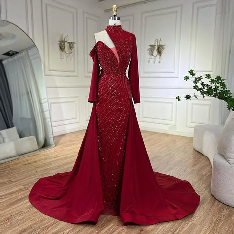 Vestidos de noche de lujo de Dubai, elegantes, de sirena, con un solo hombro y cuentas, color verde árabe, para mujer, ideales para bodas y fiestas (LA72550) 